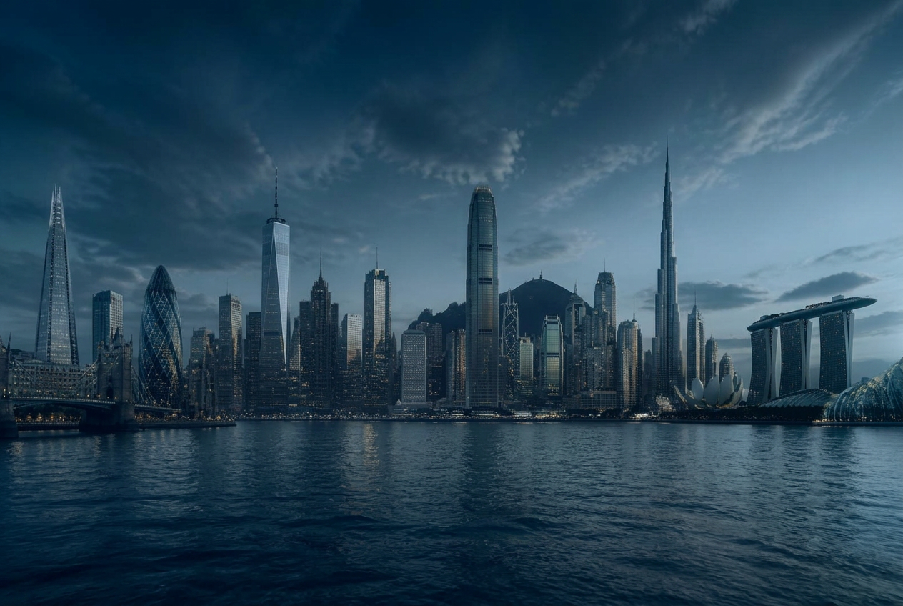 Composite skyline of the world's major financial centres at dusk