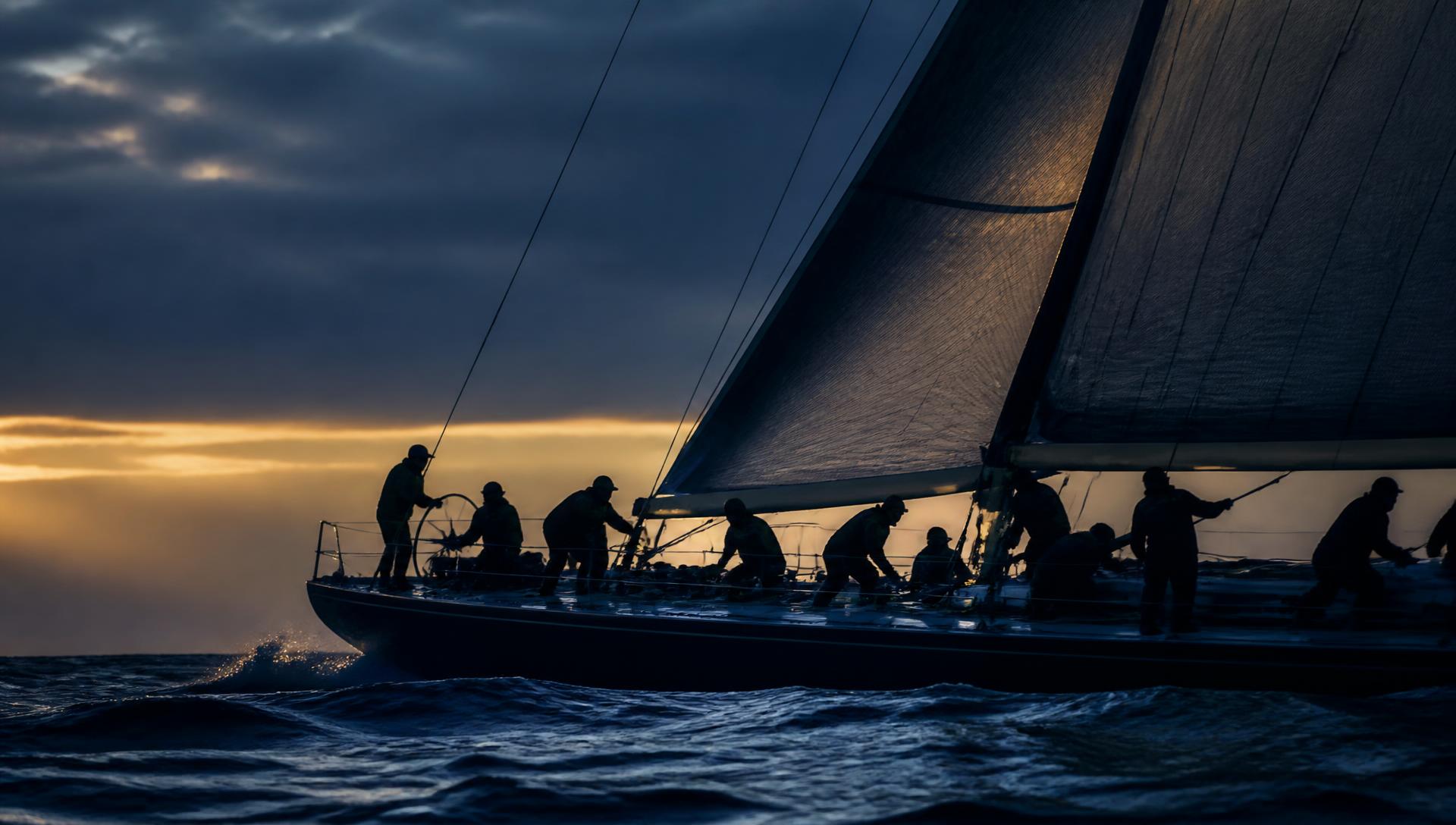 Sailing crew working together on deck at blue hour